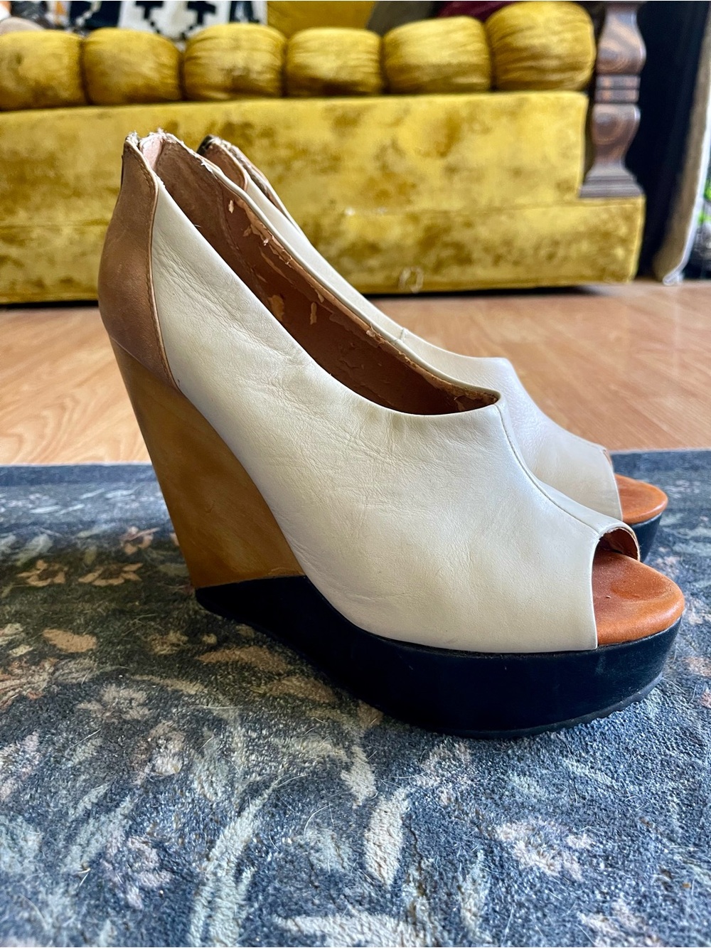 Aldo White and Tan Peep-Toe Wedge Sandals